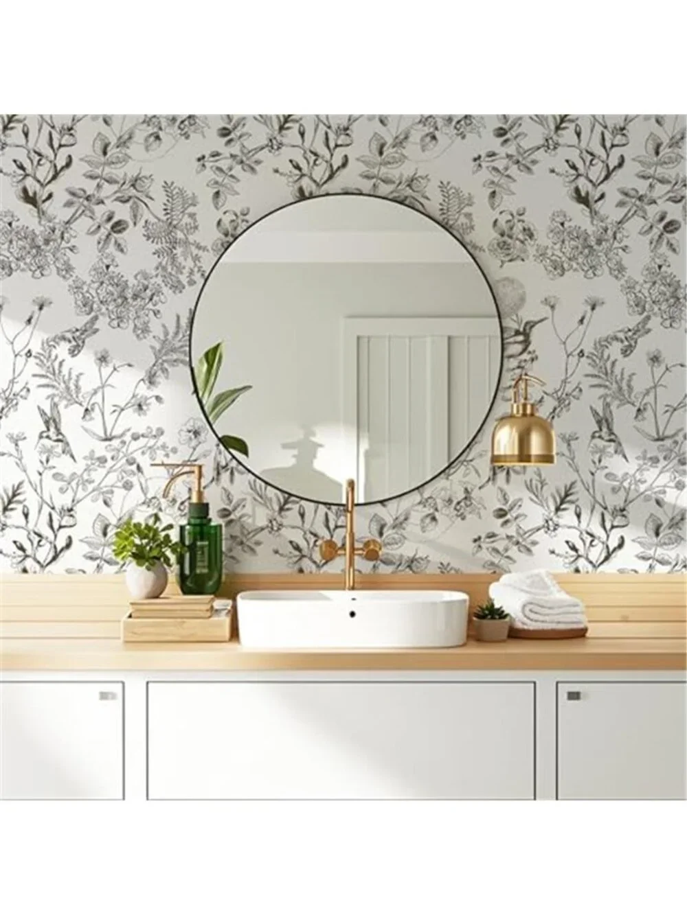 Floral Bird Wallpaper Peel and Stick Removable Self Adhesive Contact Paper Black